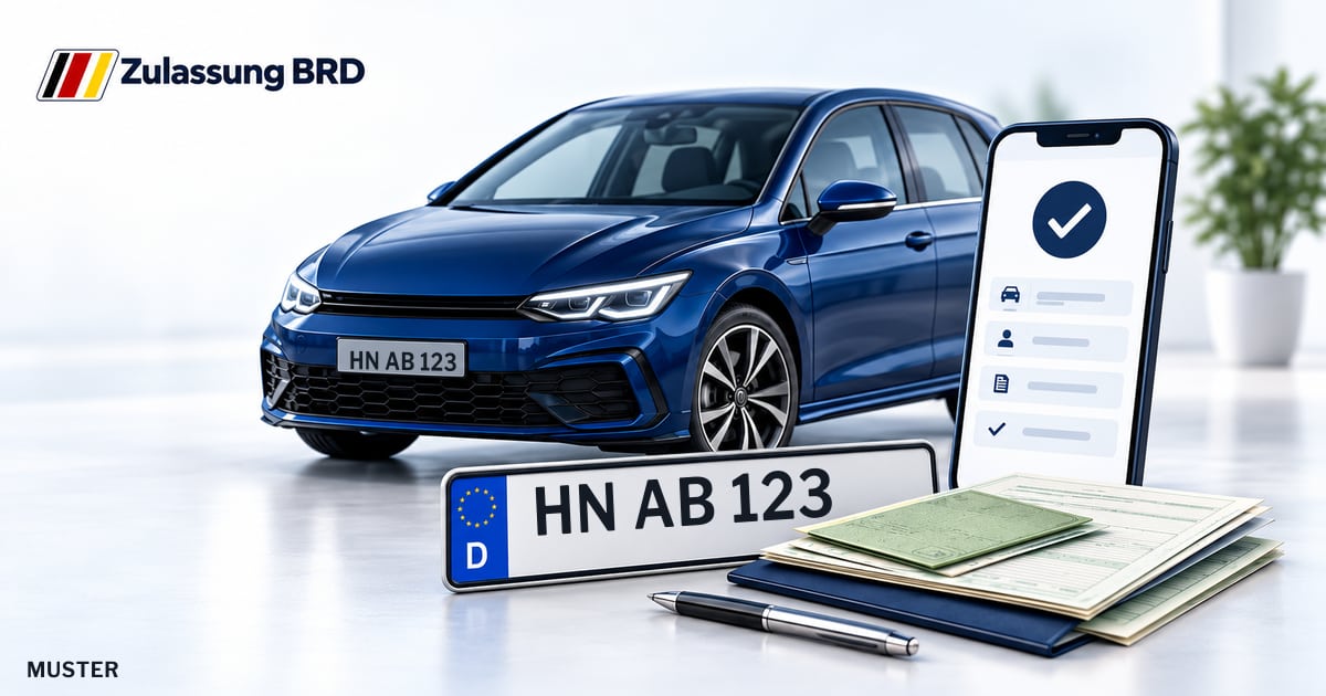 Online Fahrzeugzulassung in Lauffen am Neckar: Musterkennzeichen HN AB 123, Auto und Fahrzeugpapiere und Smartphone. Illustration mit Logo von Zulassung BRD.